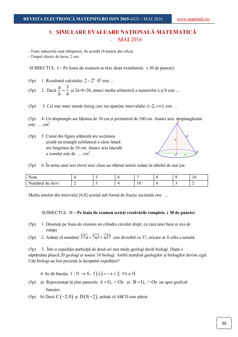 Model Evaluare Nationala la Matematica MAI 2016 Page 1
