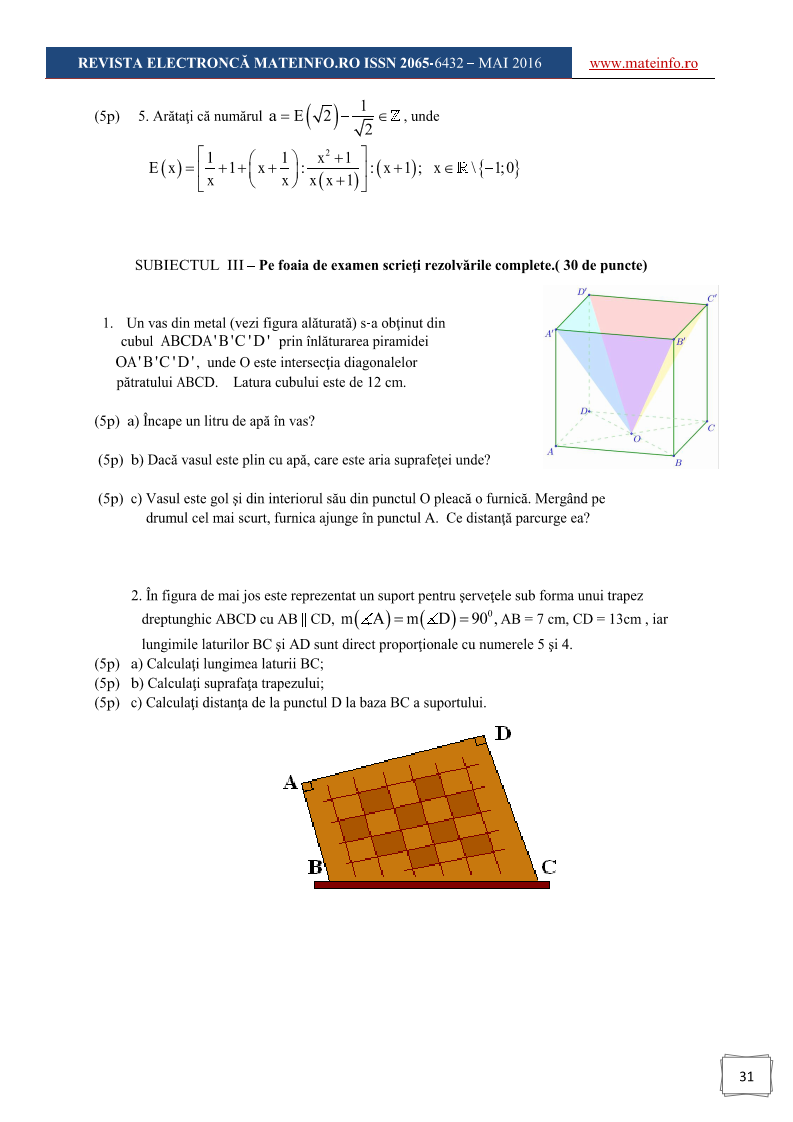 Model Evaluare Nationala la Matematica MAI 2016 Page 2